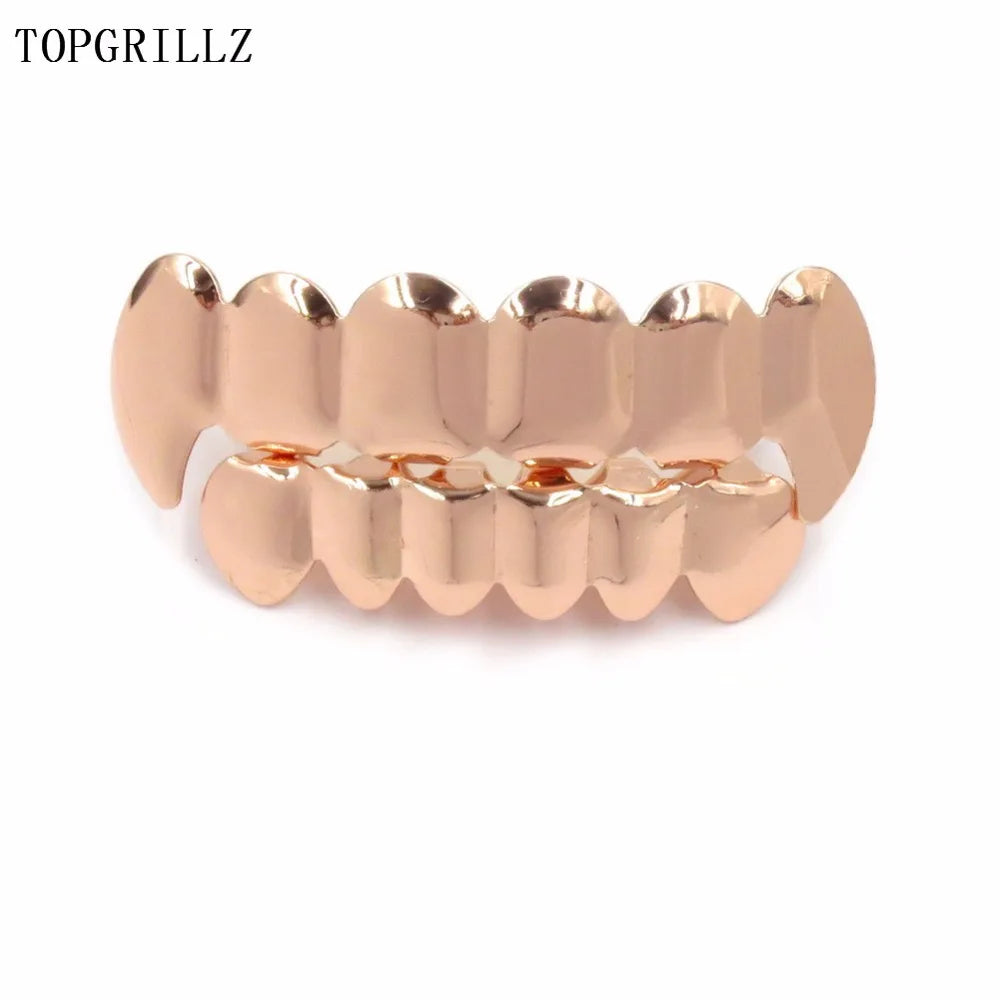 TOPGRILLZ Rose Gold Hip Hop Teeth Grillz Set - Top & Bottom Plated Tooth Caps for Party, Christmas & Costume Style
