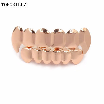 TOPGRILLZ Rose Gold Hip Hop Teeth Grillz Set - Top & Bottom Plated Tooth Caps for Party, Christmas & Costume Style