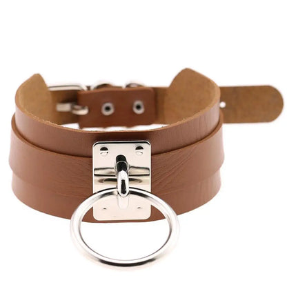 KMVEXO Harajuku Punk Leather Choker Necklace - Handmade Gothic Collar with Silver-Tone Metal O-Ring for Parties