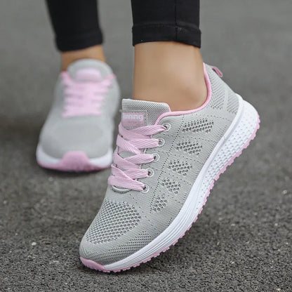 Women’s Breathable Mesh Sneakers - Casual Fashion Walking Flat Shoes White Tenis Feminino