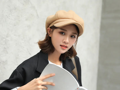 Autumn & Winter Wool Hats for Women – Solid Plain Octagonal Newsboy Cap & Casual Beret for Men & Ladies