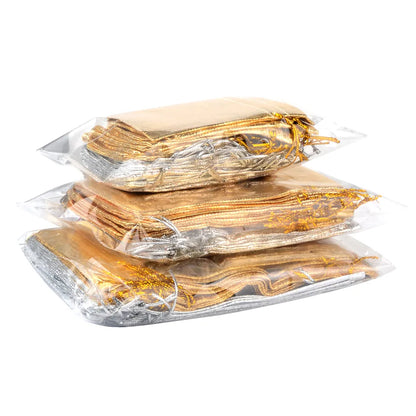 25-Piece Gold Foil Drawstring Storage Bags - Jewelry Packing Pouches for Wedding Gifts, Available in 7x9cm, 9x12cm, and 10x15cm