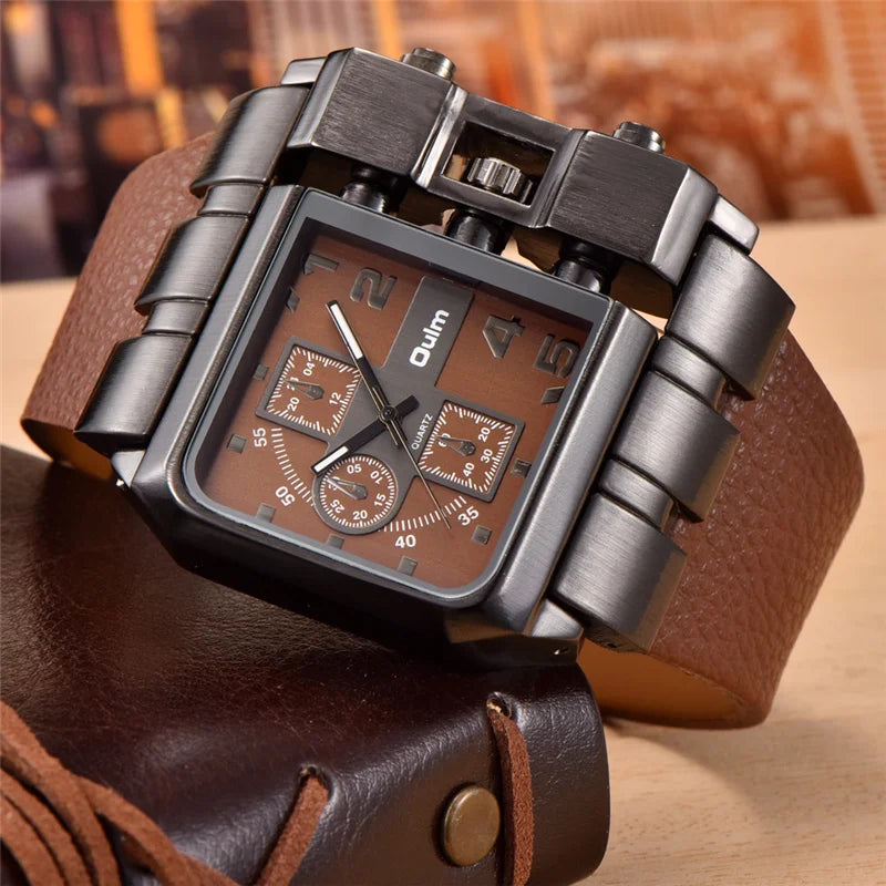 Oulm 3364 Men’s Square Watch — Large Dial Casual Leather Strap Quartz Sport Wristwatch