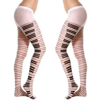 Women’s Sexy Piano Stockings – Black & White Thigh-High Ultra-Thin Transparent Pantyhose, Free Size