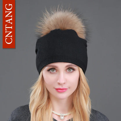 Autumn Winter Knitted Wool Hat for Women – Fashion Pompon Beanie with Genuine Raccoon Fur, Warm and Stylish Cap