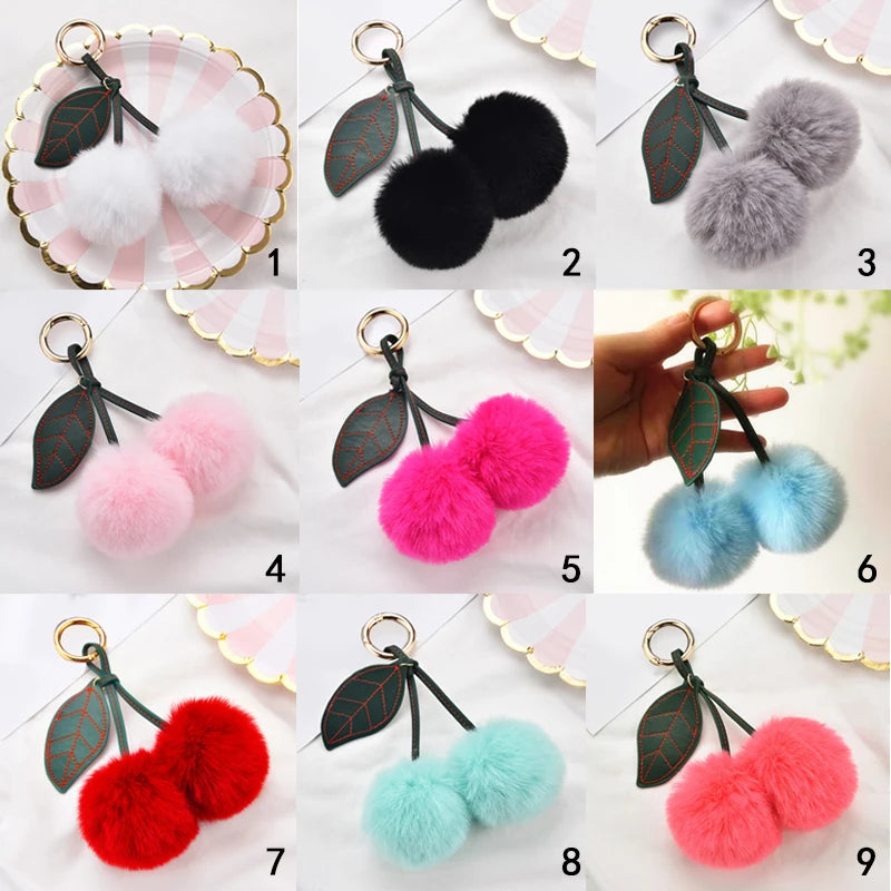 Fashion Cute Fluffy Rabbit Fur Ball Keychain – Pompom Leaf Cherry Pendant for Handbag & Car Keys