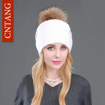 Autumn Winter Knitted Wool Hat for Women – Fashion Pompon Beanie with Genuine Raccoon Fur, Warm and Stylish Cap