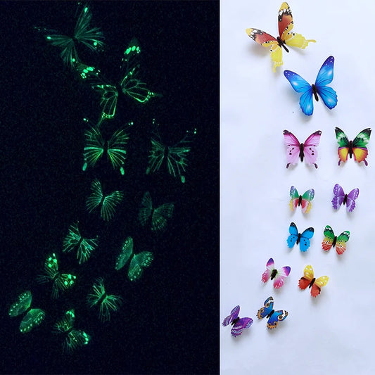 12PCS Luminous 3D Butterfly Wall Stickers — Glow-in-the-Dark Wedding Party & Home Decor, Living Room Fridge Decals