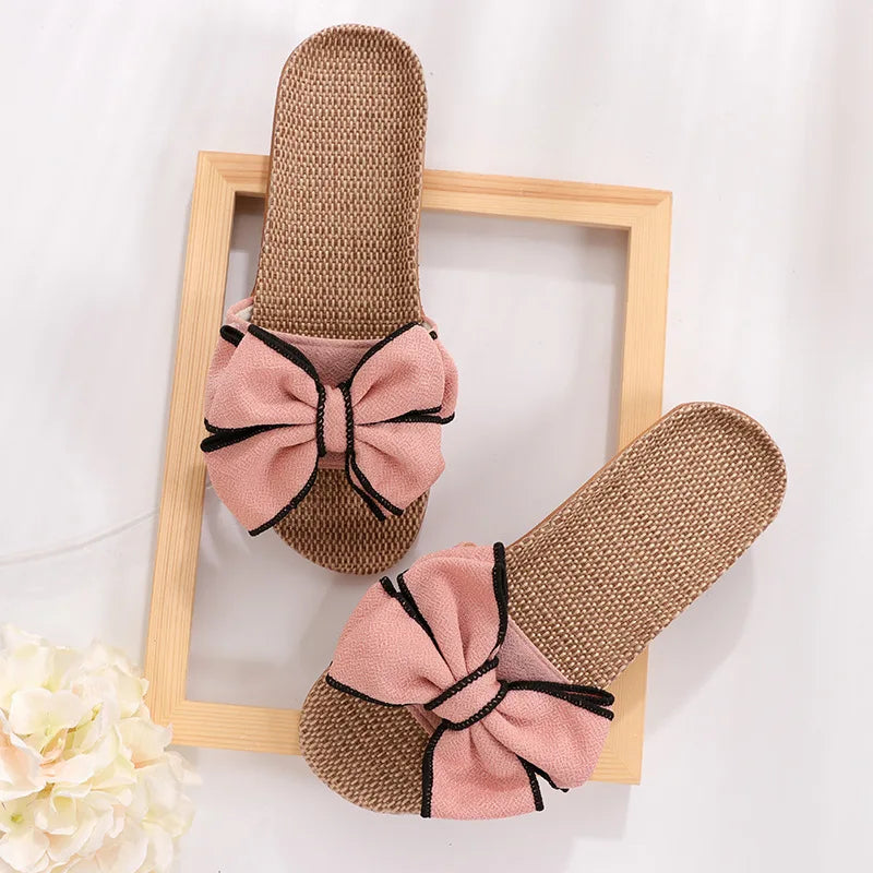 Mntrerm 2024 Women's Casual Linen Slippers – Soft Indoor Flats with Bow-Knot, Cute Summer Home Sneakers