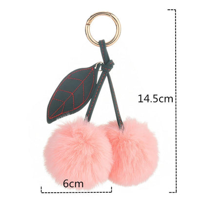 Fashion Cute Fluffy Rabbit Fur Ball Keychain – Pompom Leaf Cherry Pendant for Handbag & Car Keys