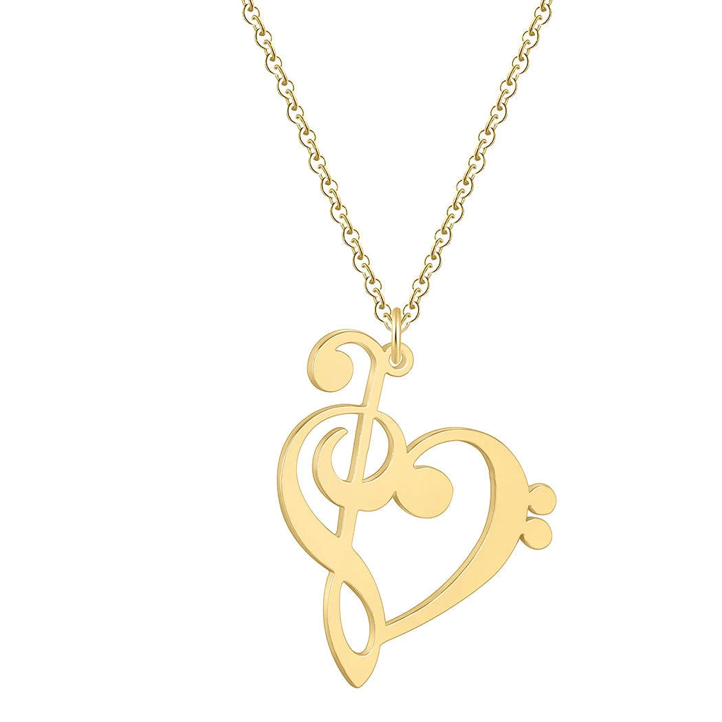 Kinitial Music Note Heart Necklace - Treble & Bass Clef Pendant Jewelry Gift for Music Lovers and Teachers