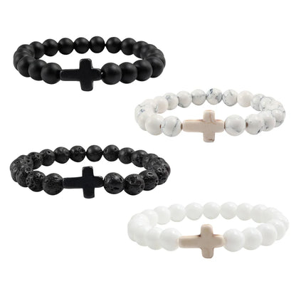 Charm Natural Stone Bracelet - Cross Black Lava Matte Beaded, Handmade Men & Women Prayer Fitness Chain, Couple Jewelry Gift