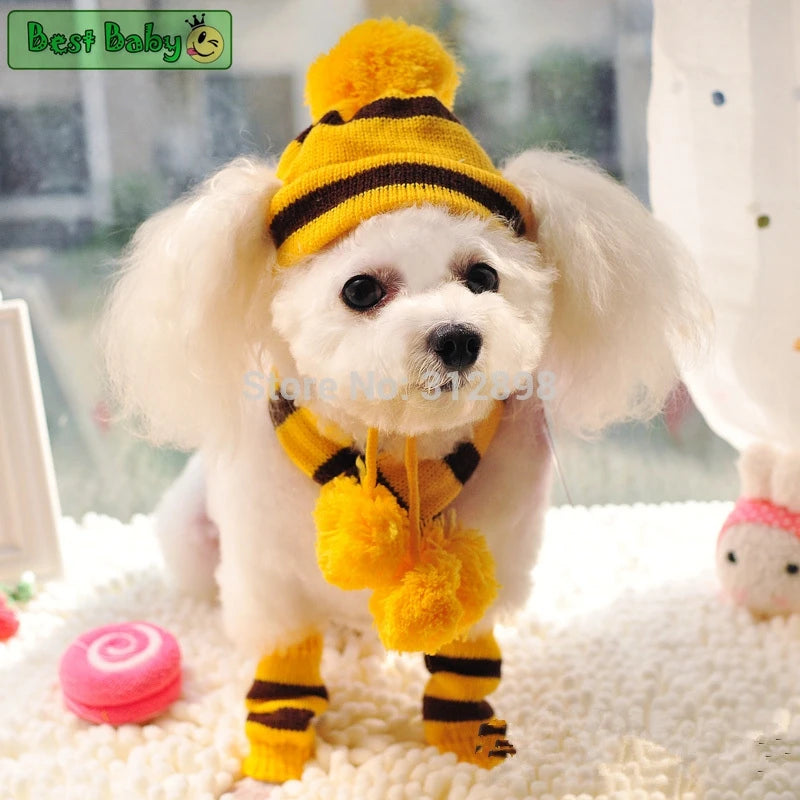 Winter Knitted Pet Accessories Set – Striped Hat, Scarf & Socks for Small Dogs, Puppies & Cats