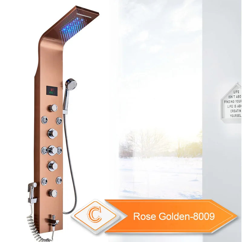 LED Waterfall Shower Panel System - Black In-Wall Rain Shower with Spa Massage Sprayer & Bidet Tap