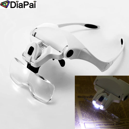 DIAPAI Adjustable 5-Lens Loupe Headband Magnifier with LED Light – Diamond Painting Embroidery Glasses