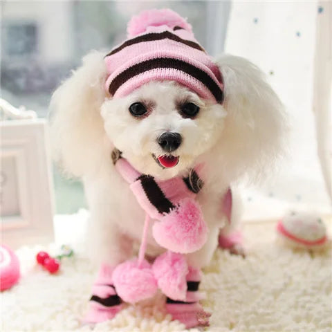Winter Knitted Pet Accessories Set – Striped Hat, Scarf & Socks for Small Dogs, Puppies & Cats