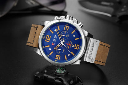 CURREN Men's Luxury Waterproof Sport Watch – Chronograph Quartz Military Wristwatch with Genuine Leather Strap