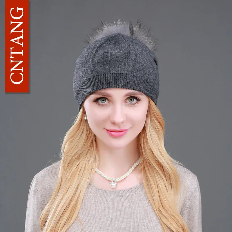 Autumn Winter Knitted Wool Hat for Women – Fashion Pompon Beanie with Genuine Raccoon Fur, Warm and Stylish Cap