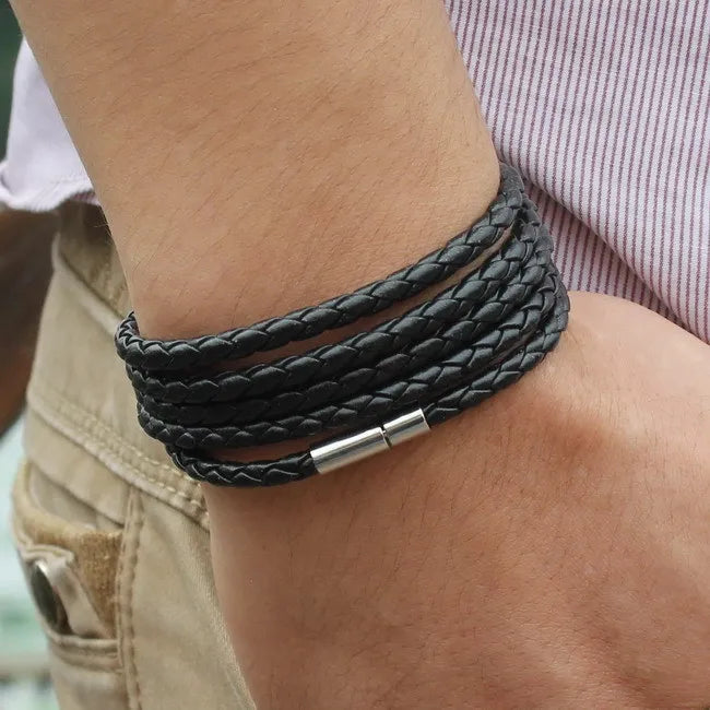XQNI Black Retro Leather Bracelet for Men - 5 Lap Chain Link Bangle, Fashion Sporty Charm Bracelet