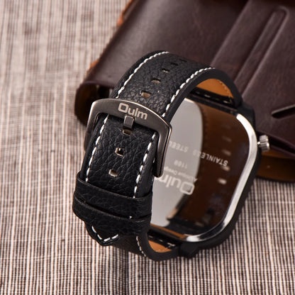 Oulm 1169 Black Sport Men’s Watch — Square Dial Quartz Wristwatch with Decorative Compass, Casual Male Timepiece