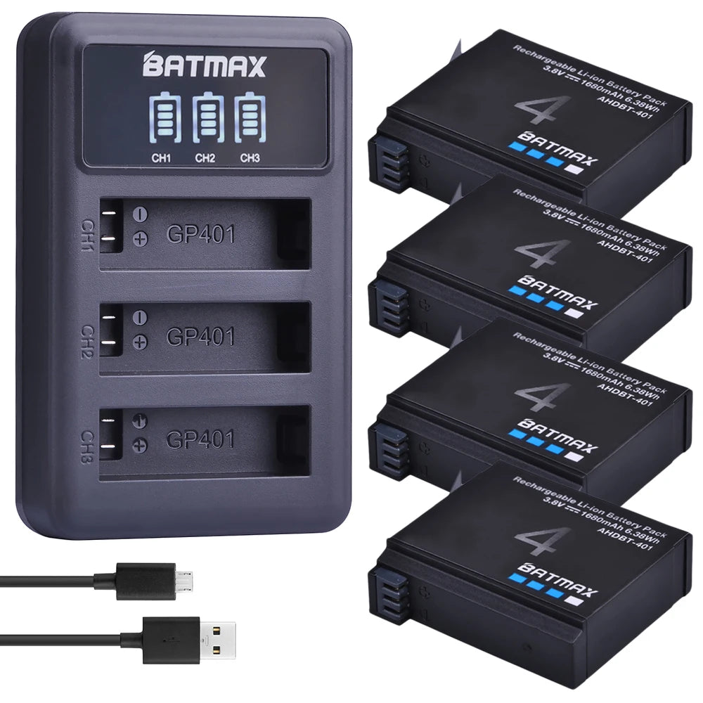 Batmax 1680mAh GoPro HERO4 Replacement Battery with 3-Slot LED USB Charger for AHDBT-401 Action Camera Accessories