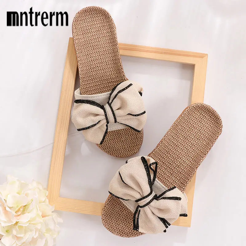 Mntrerm 2024 Women's Casual Linen Slippers – Soft Indoor Flats with Bow-Knot, Cute Summer Home Sneakers