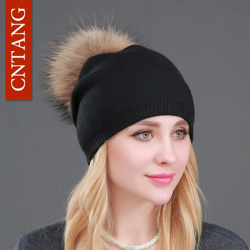 Autumn Winter Knitted Wool Hat for Women – Fashion Pompon Beanie with Genuine Raccoon Fur, Warm and Stylish Cap
