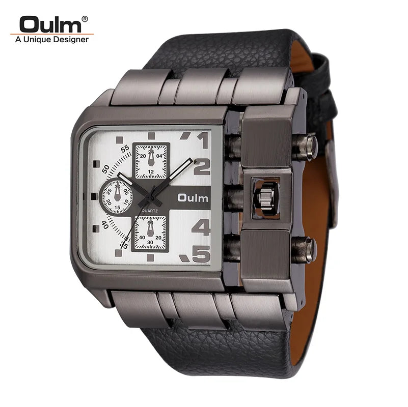 Oulm 3364 Men’s Square Watch — Large Dial Casual Leather Strap Quartz Sport Wristwatch