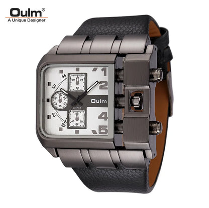 Oulm 3364 Men’s Square Watch — Large Dial Casual Leather Strap Quartz Sport Wristwatch