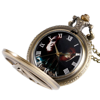 Retro Bronze Deathly Hallows Pocket Watch Necklace - Analog Quartz Wizard-Inspired Collectible for Men, Women, and Kids