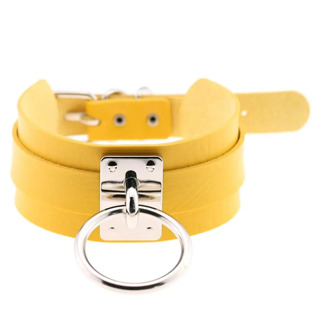 KMVEXO Harajuku Punk Leather Choker Necklace - Handmade Gothic Collar with Silver-Tone Metal O-Ring for Parties