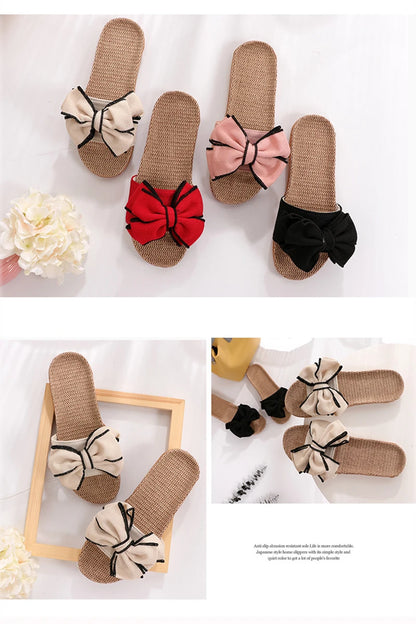 Mntrerm 2024 Women's Casual Linen Slippers – Soft Indoor Flats with Bow-Knot, Cute Summer Home Sneakers