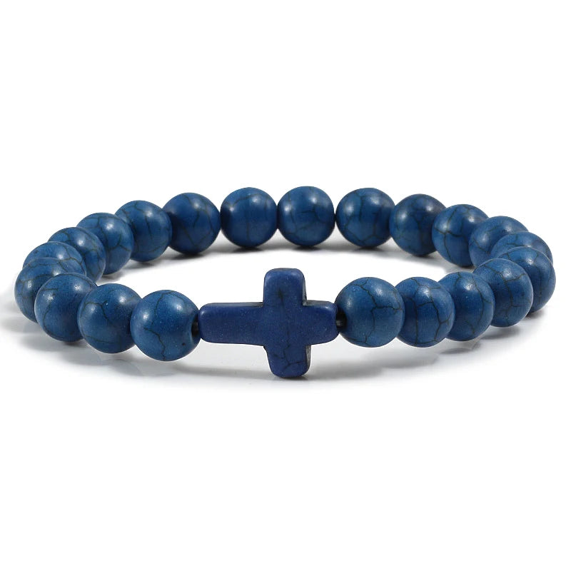 Natural Stone Cross Bracelet - Black Lava Matte Beaded Jewelry for Men & Women Prayer, Fitness & Gift