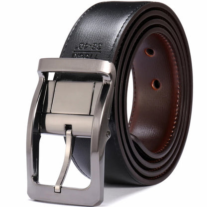 Men’s Genuine Leather Reversible Belt – 2-in-1 Rotated Buckle for Big & Tall Sizes