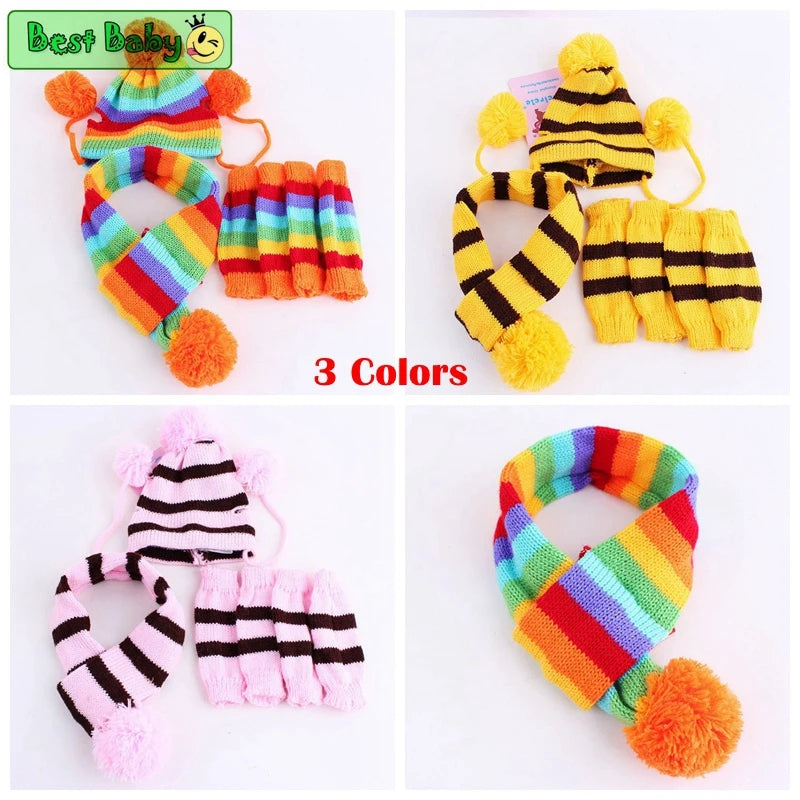 Winter Knitted Pet Accessories Set – Striped Hat, Scarf & Socks for Small Dogs, Puppies & Cats