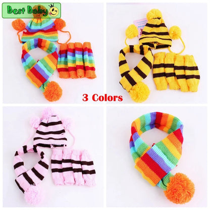 Winter Knitted Pet Accessories Set – Striped Hat, Scarf & Socks for Small Dogs, Puppies & Cats