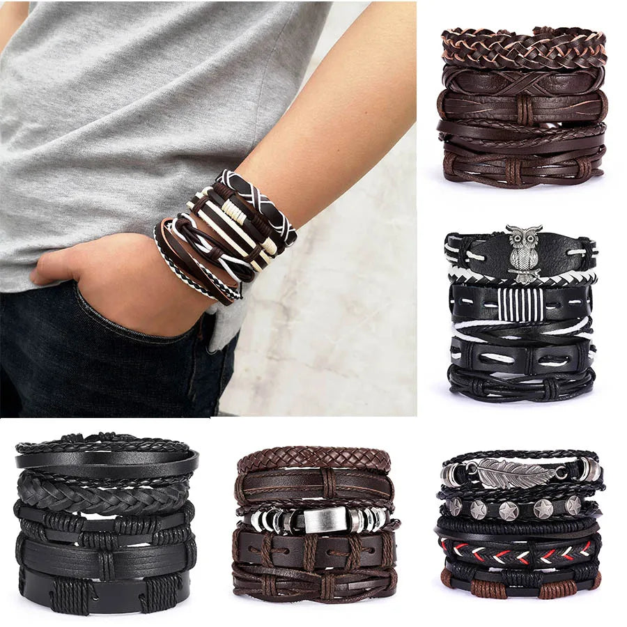 Men's Vintage Multilayer Leather Braid Bracelet - Handmade Star, Leaf & Owl Rope Wrap Bangle, Male Gift Jewelry