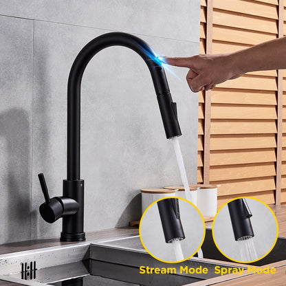 Pull-Out Sensor Black Kitchen Faucet - Sensitive Touch Control Mixer Tap for Kitchen Sink