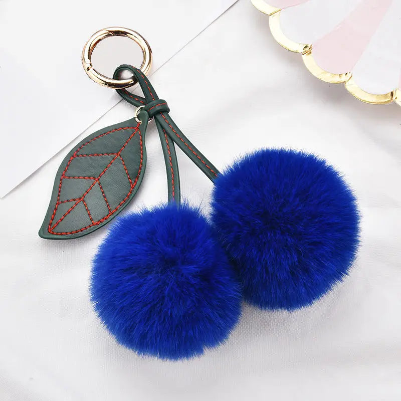 Fashion Cute Fluffy Rabbit Fur Ball Keychain – Pompom Leaf Cherry Pendant for Handbag & Car Keys