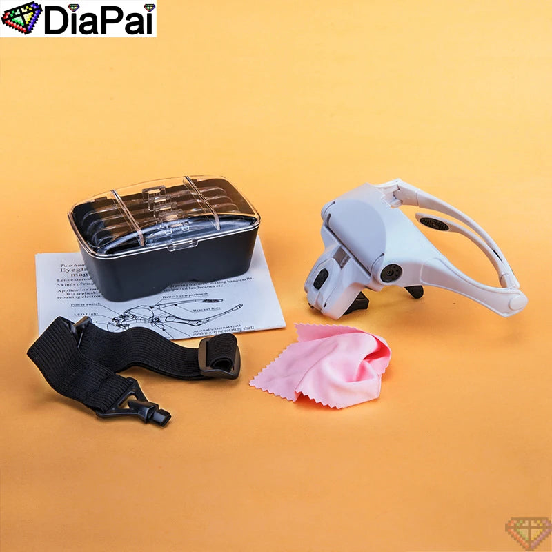 DIAPAI Adjustable 5-Lens Loupe Headband Magnifier with LED Light – Diamond Painting Embroidery Glasses