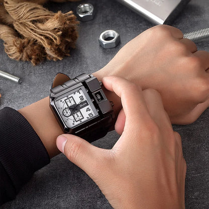 Oulm 3364 Men’s Square Watch — Large Dial Casual Leather Strap Quartz Sport Wristwatch