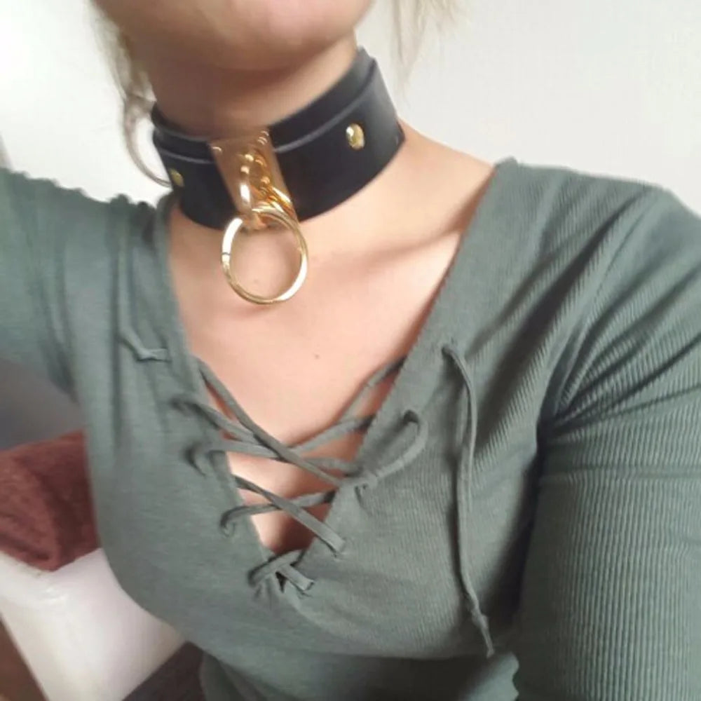 KMVEXO Harajuku Punk Leather Choker Necklace - Handmade Gothic Collar with Silver-Tone Metal O-Ring for Parties