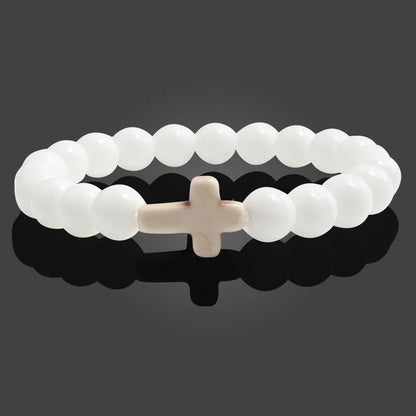 Charm Natural Stone Bracelet - Cross Black Lava Matte Beaded, Handmade Men & Women Prayer Fitness Chain, Couple Jewelry Gift