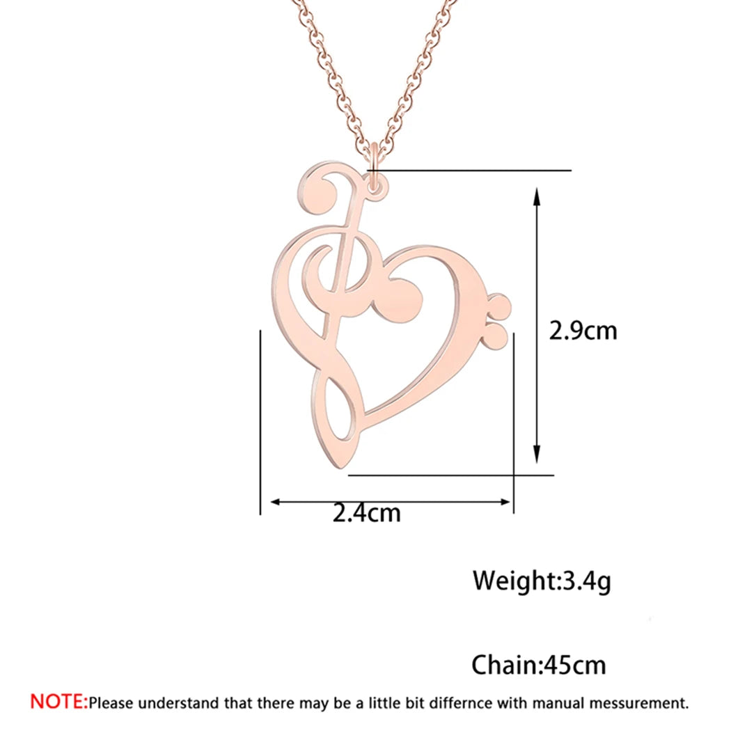 Kinitial Music Note Heart Necklace - Treble & Bass Clef Pendant Jewelry Gift for Music Lovers and Teachers