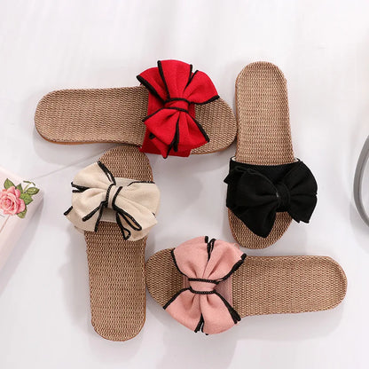 Mntrerm 2024 Women's Casual Linen Slippers – Soft Indoor Flats with Bow-Knot, Cute Summer Home Sneakers