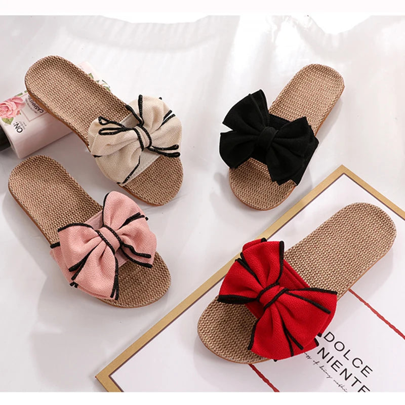 Mntrerm 2024 Women's Casual Linen Slippers – Soft Indoor Flats with Bow-Knot, Cute Summer Home Sneakers