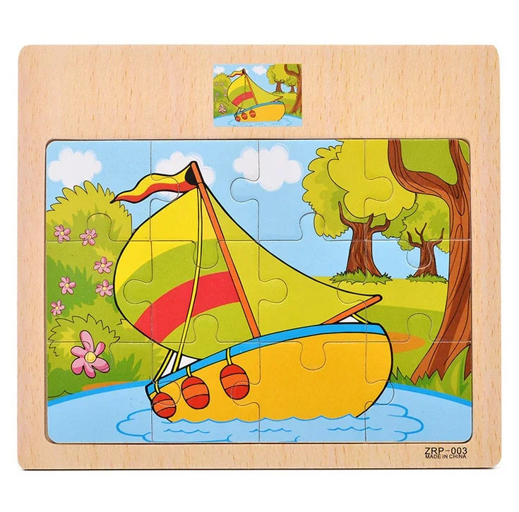 Hot Sale 9/12-Piece Wooden Puzzle Set — Cartoon Vehicles & Animals Educational Learning Toys for Kids, Perfect Gift
