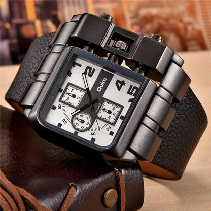 Oulm 3364 Men’s Square Watch — Large Dial Casual Leather Strap Quartz Sport Wristwatch
