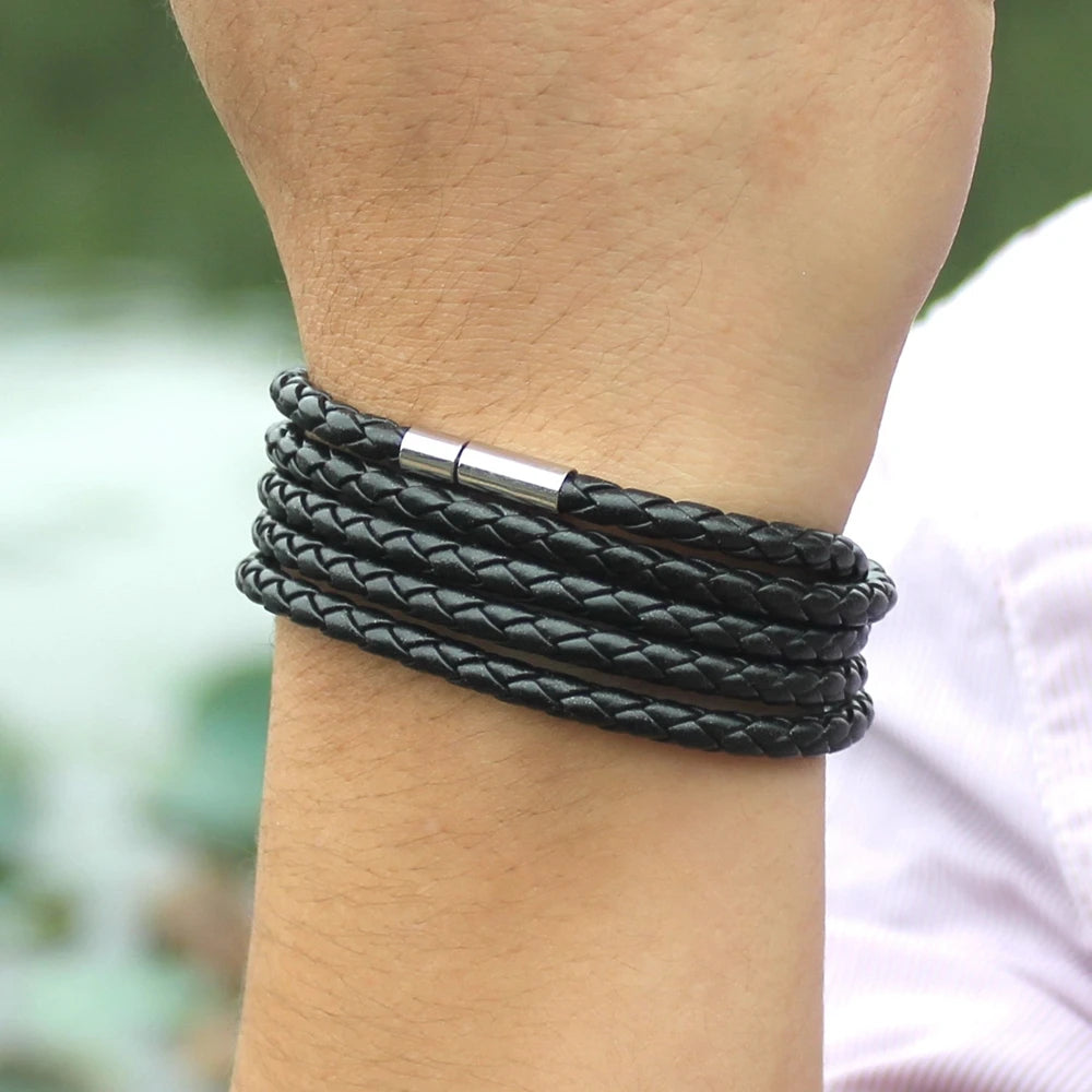 XQNI Black Retro Leather Bracelet for Men - 5 Lap Chain Link Bangle, Fashion Sporty Charm Bracelet