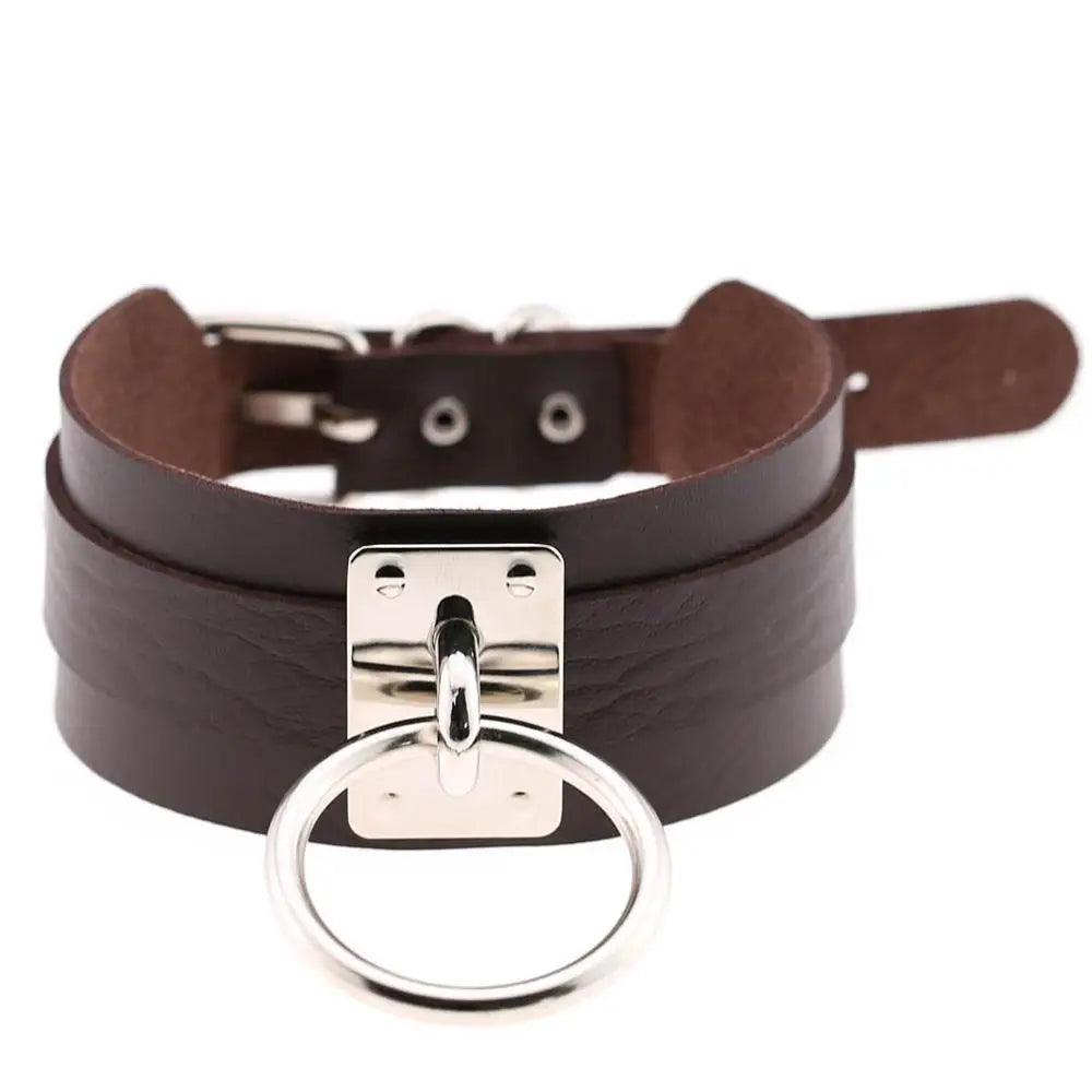 KMVEXO Harajuku Punk Leather Choker Necklace - Handmade Gothic Collar with Silver-Tone Metal O-Ring for Parties